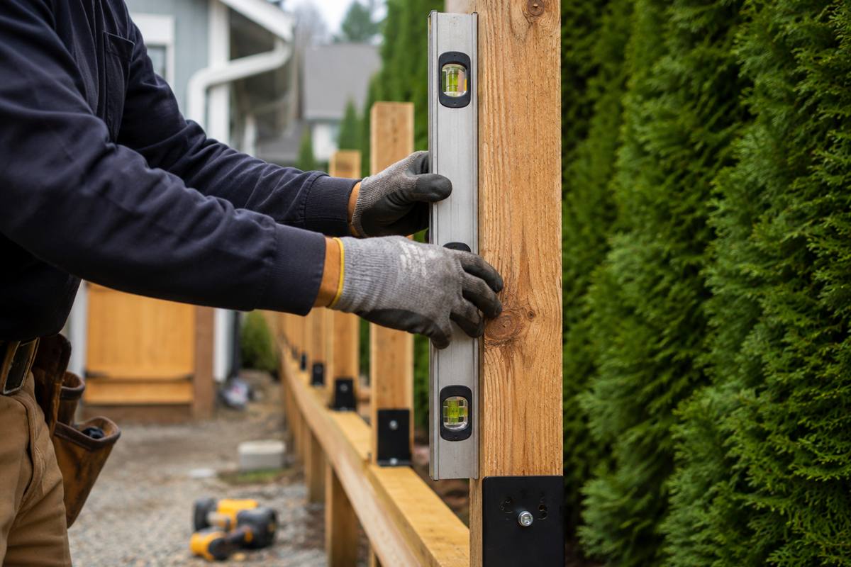 Professional fence installer checking post alignment